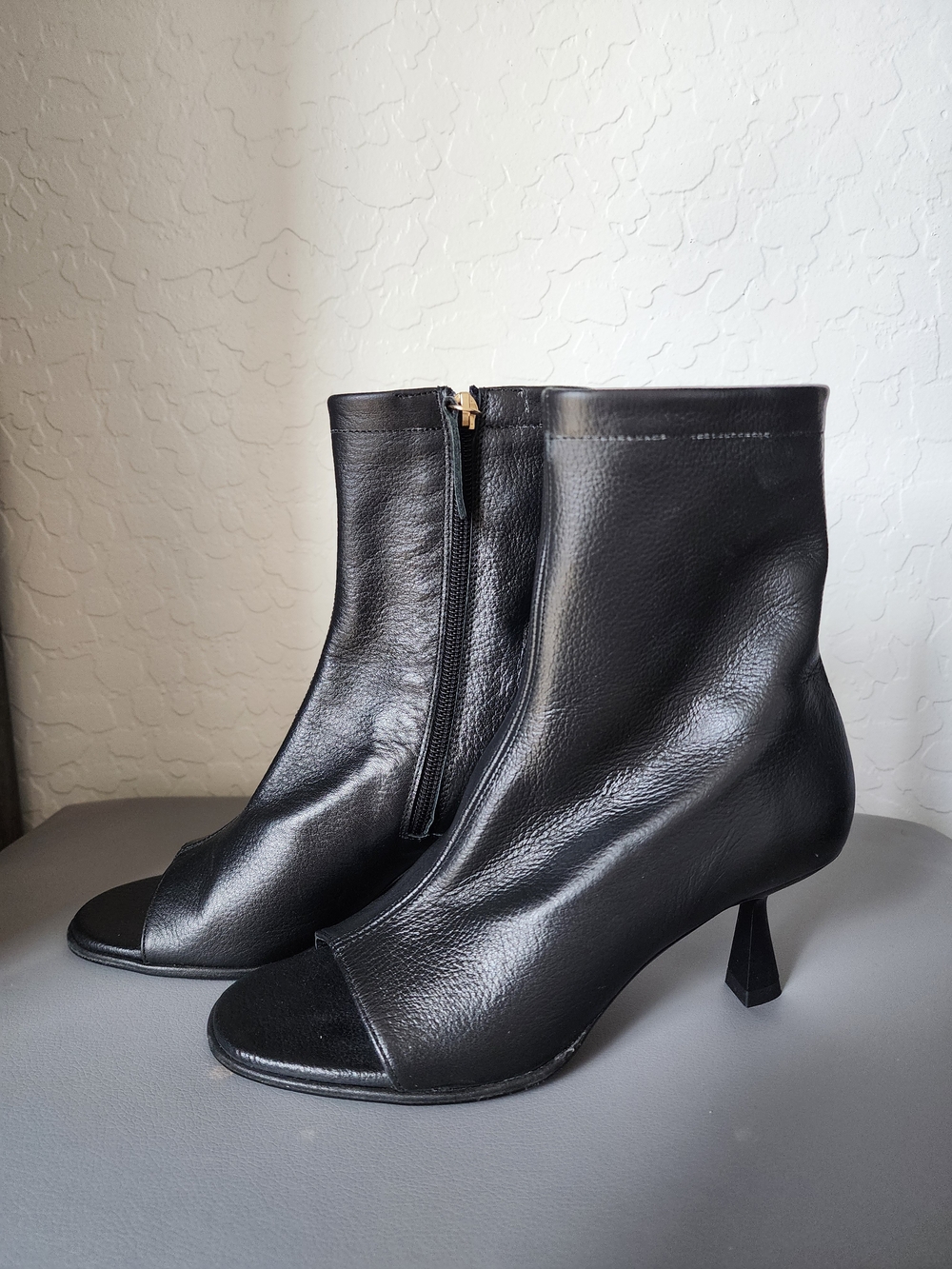 Zara Black Leather Peep-Toe Ankle Boots